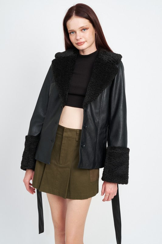 Urban Explorer Shearling Trim Faux Leather Jacket