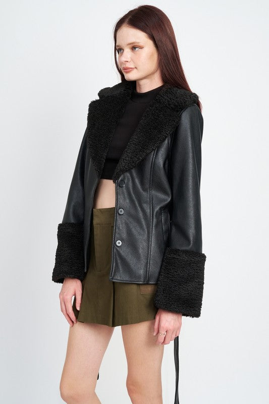 Urban Explorer Shearling Trim Faux Leather Jacket