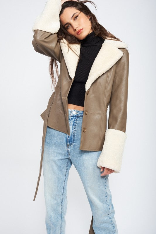 Urban Explorer Shearling Trim Faux Leather Jacket