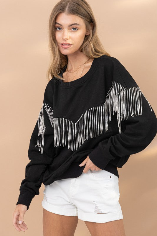 Dazzling Lights Fringe Rhinestone Pullover