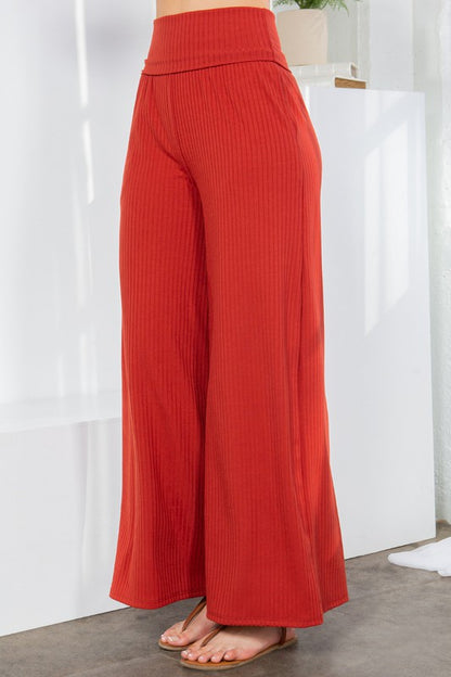 Wide Leg Ribbed Pants with Side Pockets