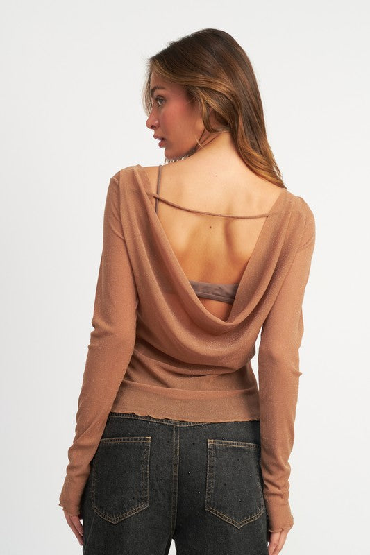 Sheer Elegance Glitter Cowl Back Top