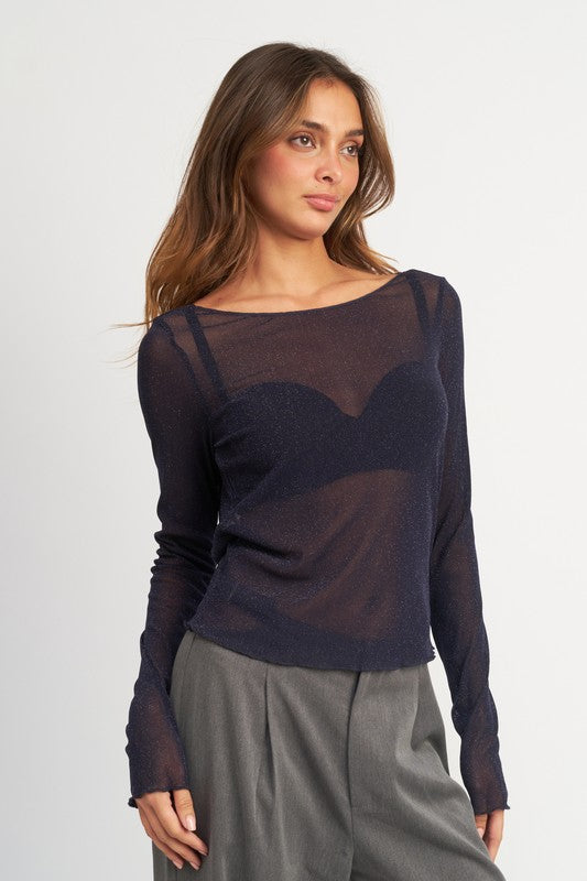 Sheer Elegance Glitter Cowl Back Top