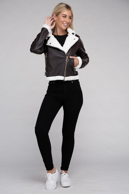 Plush Teddy Trimmed Faux Leather Jacket