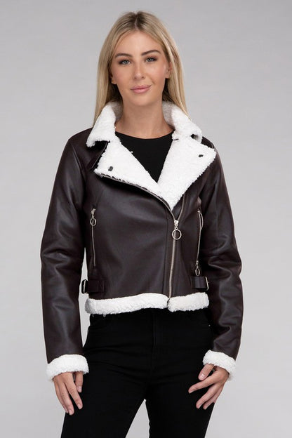 Plush Teddy Trimmed Faux Leather Jacket