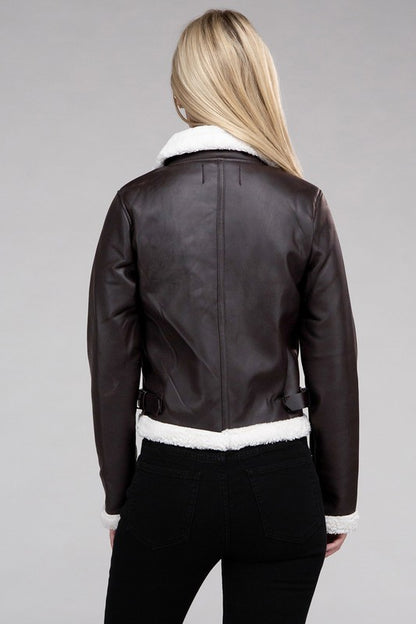 Plush Teddy Trimmed Faux Leather Jacket