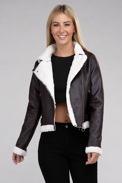 Plush Teddy Trimmed Faux Leather Jacket