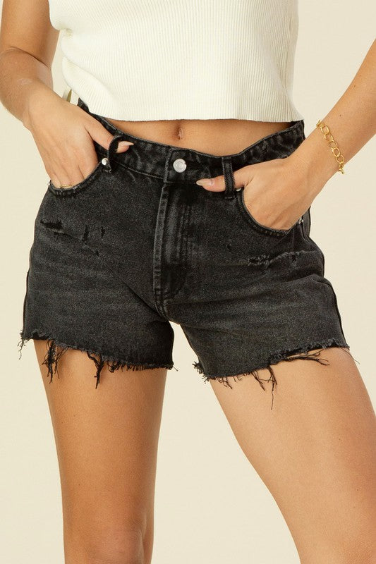 Distressed Denim Shorts in Black