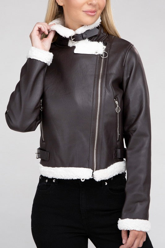 Plush Teddy Trimmed Faux Leather Jacket